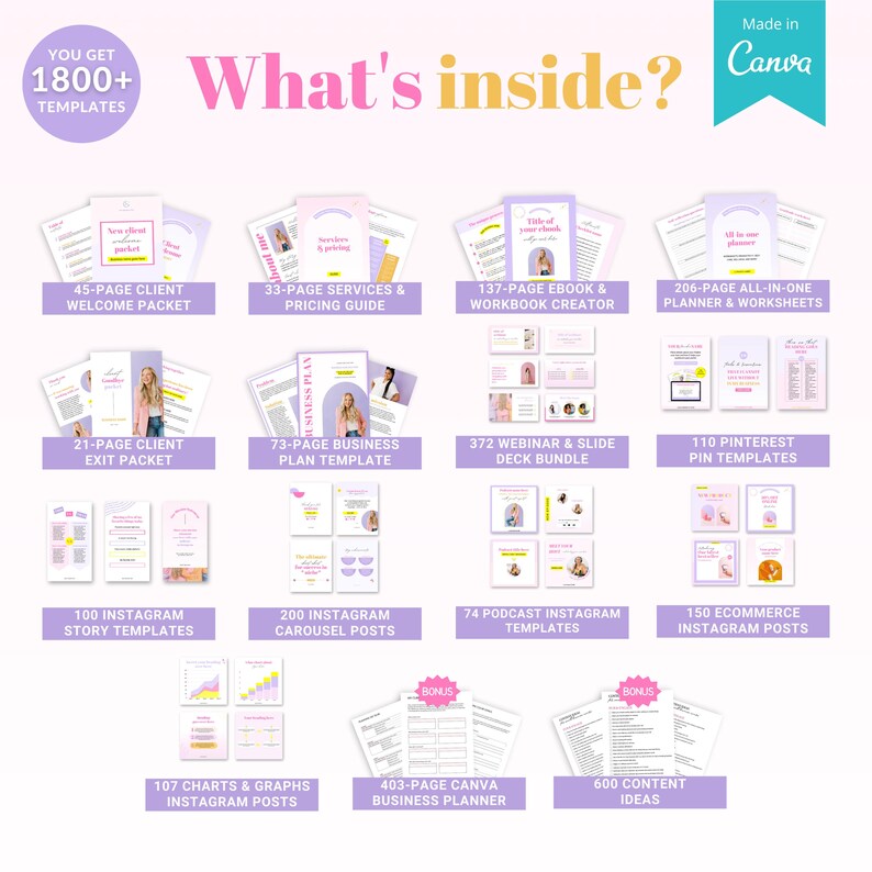 May include: A collage of images showcasing over 1800 templates for social media, business planning, and marketing. The templates are designed in a pink and purple color scheme with a modern aesthetic. The text "What's inside?" is displayed in a large, bold font at the top of the image.