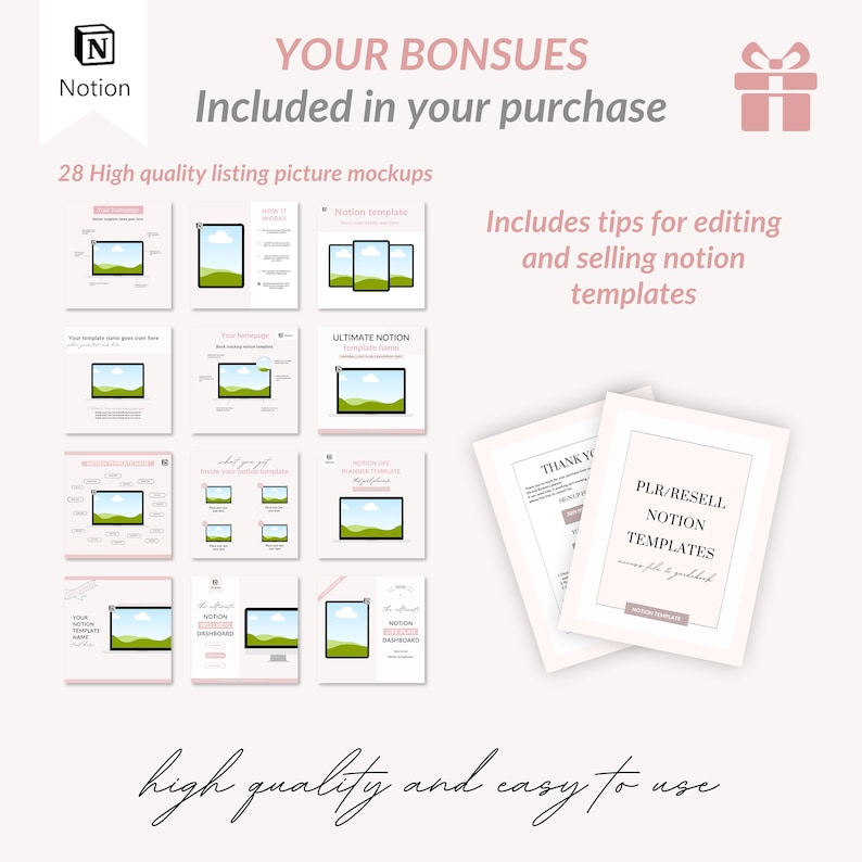 May include: A pink and white graphic with the text "YOUR BONSUES Included in your purchase" and "28 High quality listing picture mockups". The graphic features 28 different mockups of a computer screen with a green landscape and blue sky. The graphic also includes the text "Includes tips for editing and selling notion templates" and "PLR/RESELL NOTION TEMPLATES".