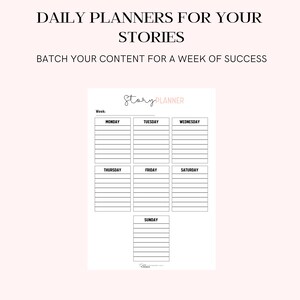 Puede incluir: Un planificador imprimible en blanco y negro con el texto "Story Planner" y una cuadr&iacute;cula para planificar el contenido de cada d&iacute;a de la semana.