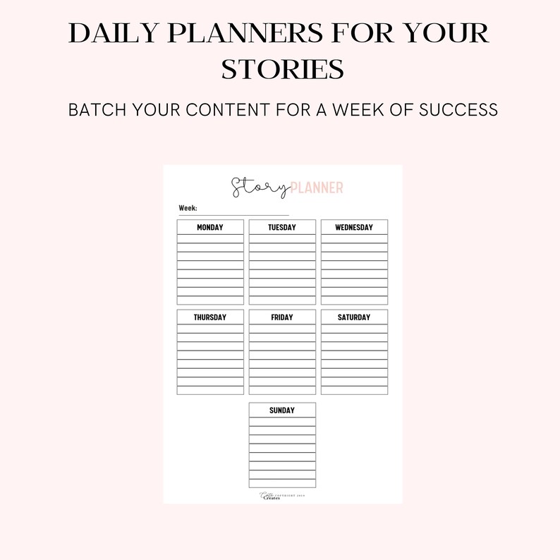 Puede incluir: Un planificador imprimible en blanco y negro con el texto "Story Planner" y una cuadr&iacute;cula para planificar el contenido de cada d&iacute;a de la semana.