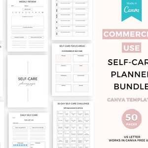 May include: A printable self-care planner bundle with 50 pages, designed for use with Canva. The bundle includes a weekly review, daily self-care, self-care focus areas, and a 30-day self-care challenge. The planner is designed in a minimalist style with black text on a white background.