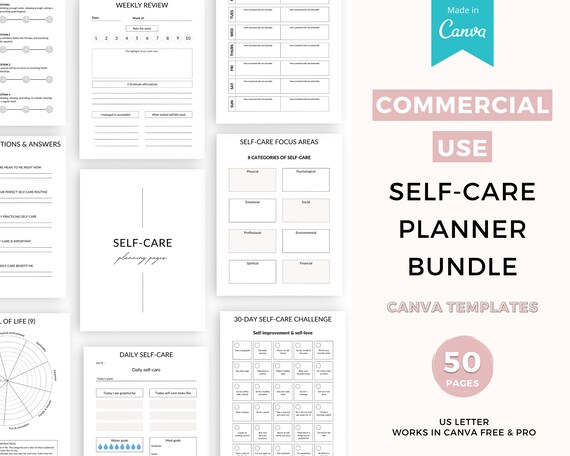 Self Care Canva planner, Self care planner, Self care templates, Self care printable planner, Self love workbook, Wellness planner canva