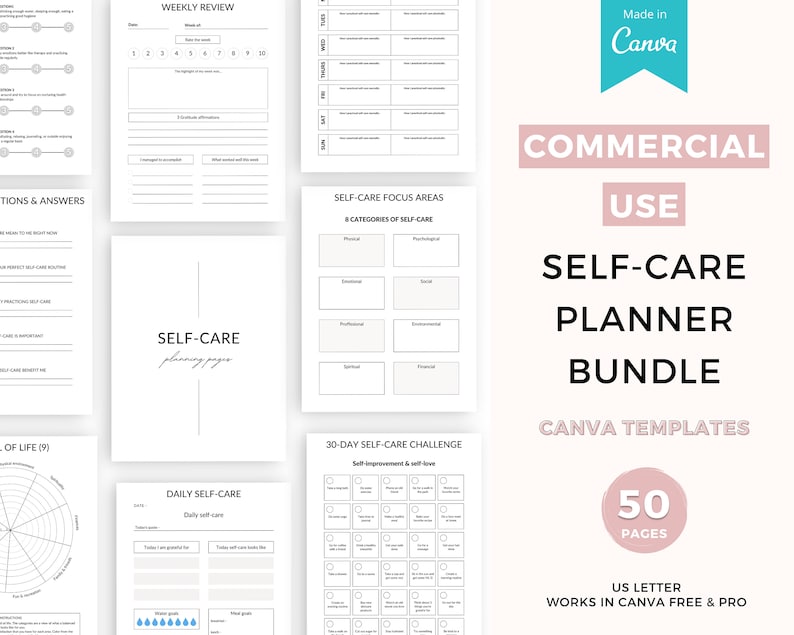 May include: A printable self-care planner bundle with 50 pages, designed for use with Canva. The bundle includes a weekly review, daily self-care, self-care focus areas, and a 30-day self-care challenge. The planner is designed in a minimalist style with black text on a white background.