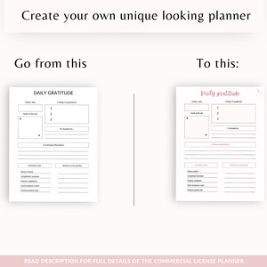 May include: A before and after image showing how to customise a daily gratitude planner. The original planner is black and white with a simple design. The customised planner has a pink and white colour scheme with a more decorative design. The text on the planner says "Daily Gratitude".