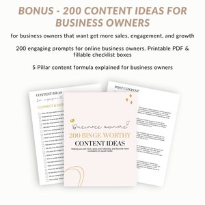 Op de afbeelding: Een roze en gouden printbare gids voor ondernemers met de titel "200 Binge-Worthy Content Ideas". De gids biedt tips voor het cre&euml;ren van boeiende content voor sociale media.