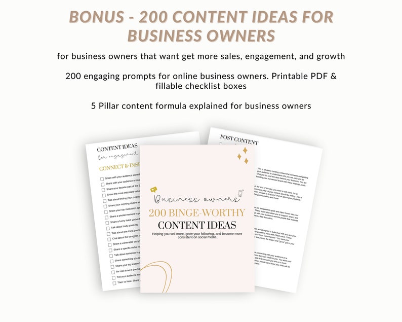 Op de afbeelding: Een roze en gouden printbare gids voor ondernemers met de titel "200 Binge-Worthy Content Ideas". De gids biedt tips voor het cre&euml;ren van boeiende content voor sociale media.
