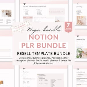 May include: A pink and white graphic with the text "Mega bundle Notion PLR Bundle" and "Resell Template Bundle" with a list of planner templates: Life planner, business planner, Podcast planner, Instagram planner, Social media planner & bonus life & business planner.