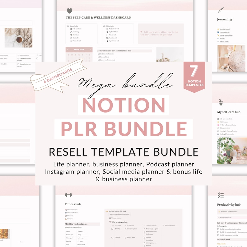May include: A pink and white graphic with the text "Mega bundle Notion PLR Bundle" and "Resell Template Bundle" with a list of planner templates: Life planner, business planner, Podcast planner, Instagram planner, Social media planner & bonus life & business planner.