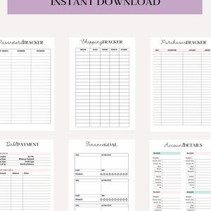 May include: Printable financial planner and inventory tracker worksheets. The worksheets include sections for password tracking, shipping, purchases, debt payment, finance goals, and account details.