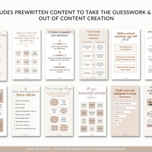 K&ouml;nnte beinhalten: Ein beige-brauner digitaler Marketing-Leitfaden f&uuml;r Online-Unternehmer. Der Leitfaden enth&auml;lt Tipps und Tricks f&uuml;r Instagram, Pinterest, E-Mails, Zeitmanagement und Gesch&auml;ftsdelegation. Er enth&auml;lt auch eine Liste von Tools, die der Ersteller empfiehlt, wie Canva, Calendly und Google Drive.