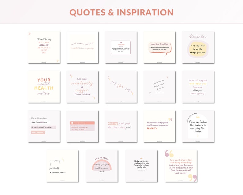 May include: A collection of 16 inspirational quotes displayed on a white background with pink and yellow accents. The quotes are about mental health, creativity, healthy habits, and finding balance in everyday life.