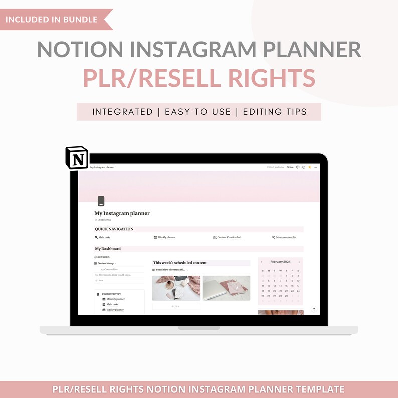 May include: A laptop computer screen displaying a Notion Instagram planner template. The template is pink and white and includes sections for quick navigation, a dashboard, and scheduled content. The text "My Instagram planner" is visible at the top of the screen.