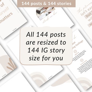 May include: A collage of images with text overlays. The text includes "Taking care of yourself matters", "All 144 posts are resized to 144 IG story size for you", and "The process isn't easy but it will be worth it".