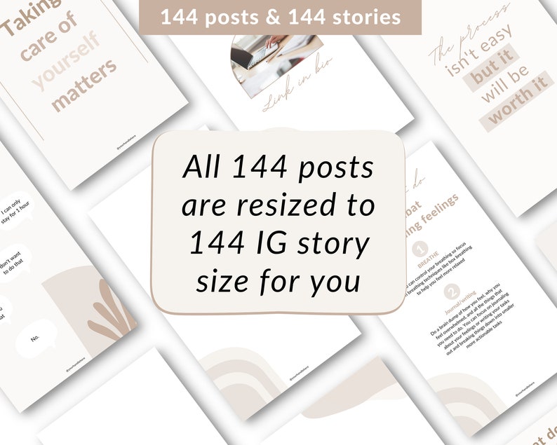 May include: A collage of images with text overlays. The text includes "Taking care of yourself matters", "All 144 posts are resized to 144 IG story size for you", and "The process isn't easy but it will be worth it".