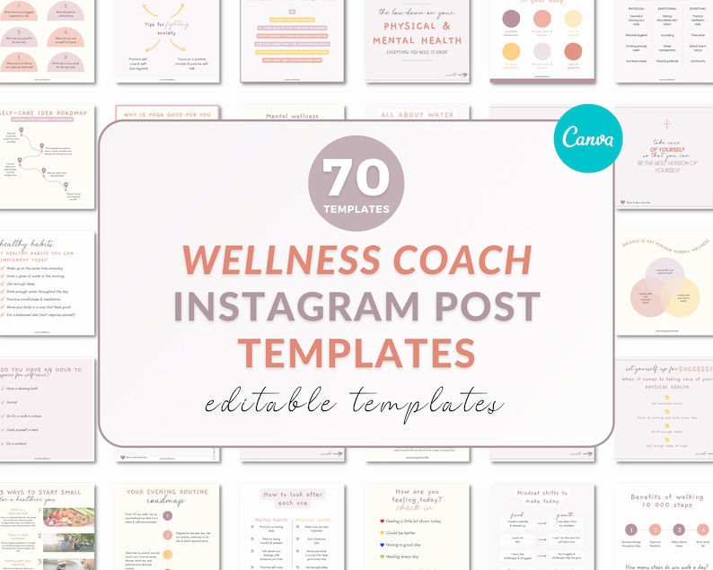 May include: A collage of 70 Instagram post templates for wellness coaches. The templates are in a pink, yellow, and white color scheme and feature text such as "Healthy Habits", "Self-Care Idea Roadmap", and "The Low Down on Your Physical & Mental Health".