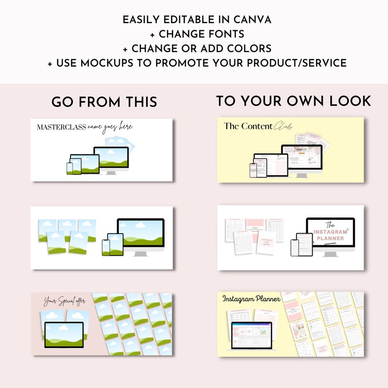 May include: A graphic showing how to use mockups to promote your product or service. The image shows a before and after example of a masterclass graphic and an Instagram planner graphic. The graphics are easily editable in Canva and can be customized with different fonts and colors.