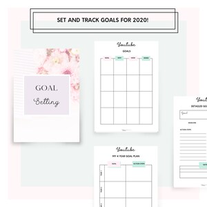 May include: A printable goal setting worksheet with a floral design. The worksheet includes sections for goal setting, tracking progress, and planning for the future. The text on the worksheet says "Goal Setting" and "Set and Track Goals for 2020!"