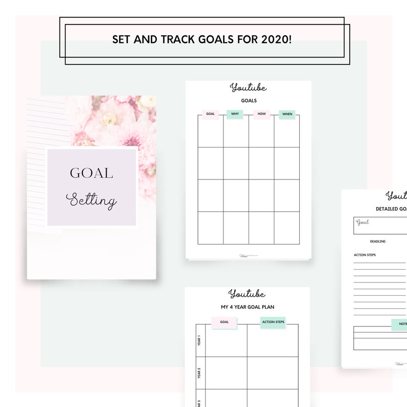 May include: A printable goal setting worksheet with a floral design. The worksheet includes sections for goal setting, tracking progress, and planning for the future. The text on the worksheet says "Goal Setting" and "Set and Track Goals for 2020!"