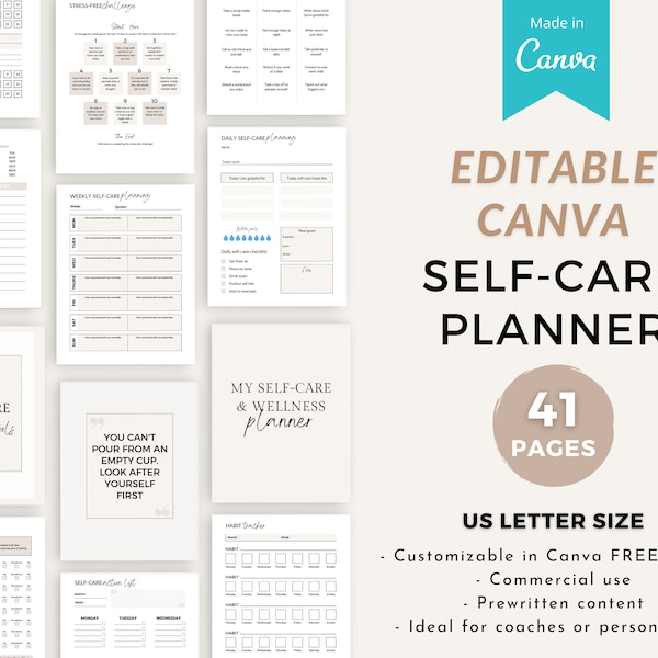 Self-care Canva planner templates, Self-care coach workbook, self-love templates, Canva planner templates, Editable Canva planner, coaching