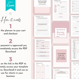 May include: A pink and white printable business planner with the text "Ultimate Business Planner" and "A year from now you will wish you started".