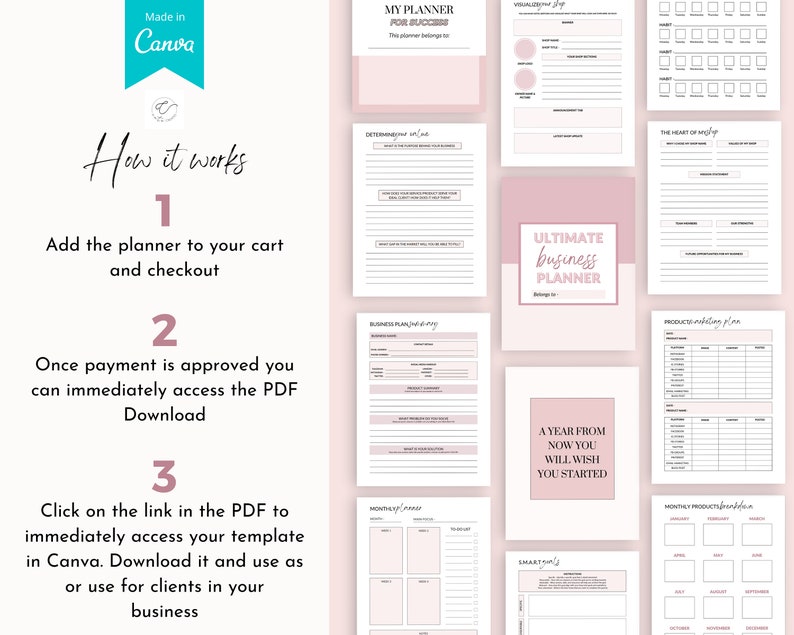 May include: A pink and white printable business planner with the text "Ultimate Business Planner" and "A year from now you will wish you started".