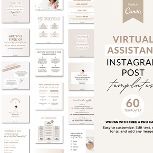 May include: A collection of 60 virtual assistant Instagram post templates in a beige and brown color scheme. The templates are designed to be used with Canva and are easy to customize with text, colors, fonts, and images. The text on the image reads "Virtual Assistant Instagram Post Templates 60 Templates Works with Free & Pro Canva Easy to customize. Edit text, colors, fonts, and add any images."