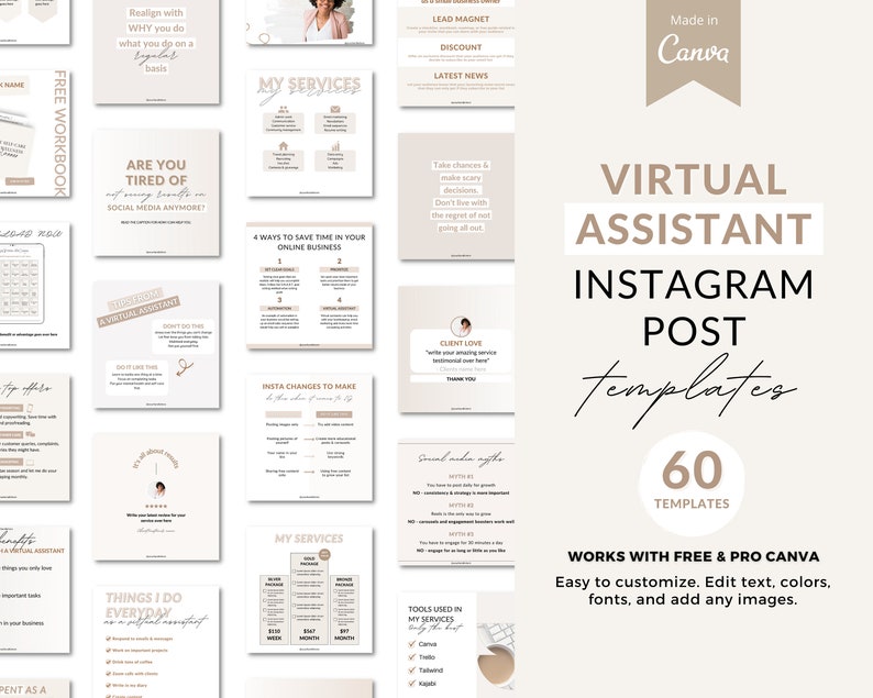 May include: A collection of 60 virtual assistant Instagram post templates in a beige and brown color scheme. The templates are designed to be used with Canva and are easy to customize with text, colors, fonts, and images. The text on the image reads "Virtual Assistant Instagram Post Templates 60 Templates Works with Free & Pro Canva Easy to customize. Edit text, colors, fonts, and add any images."