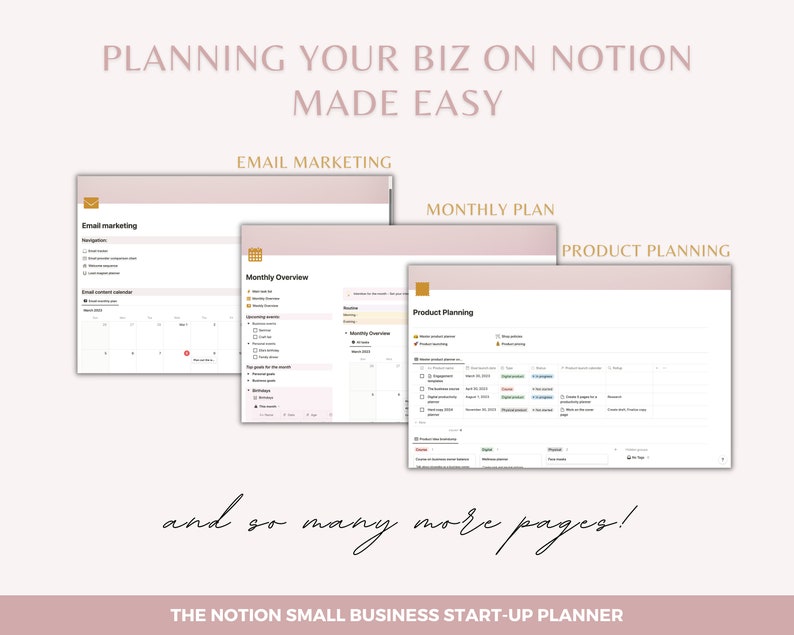May include: A screenshot of a computer screen showing a Notion workspace with a pink background and gold text. The workspace is divided into four sections: Email Marketing, Monthly Plan, Product Planning, and a section titled "and so many more pages!" The text "THE NOTION SMALL BUSINESS START-UP PLANNER" is at the bottom of the screen.