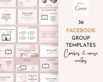 Puede incluir: Un conjunto de 36 plantillas de grupo de Facebook para entrenadores y creadores de cursos. Las plantillas están en una combinación de colores rosa suave y dorado, con varios diseños para publicaciones de blog, desafíos y obsequios. Texto: "Made in Canva".