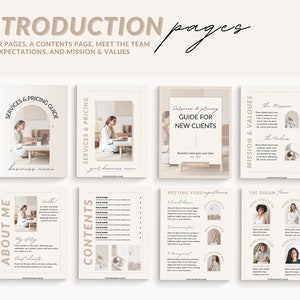 May include: A set of 8 beige and brown Instagram story templates for a business. The templates include text such as "About Me", "Services & Pricing Guide", "Contents", "Meeting Your Expectations", "The Dream Team", "Mission & Values", and "Hello".