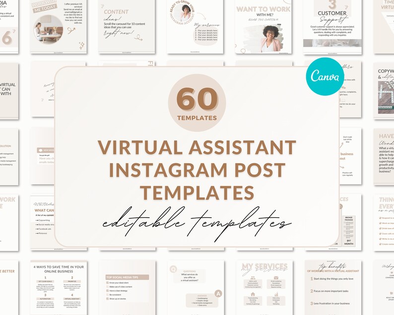 May include: A collection of 60 editable Instagram post templates for virtual assistants. The templates are designed in a minimalist style with a beige and brown color scheme. The text "Virtual Assistant Instagram Post Templates" is displayed in a large, bold font.