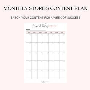 Puede incluir: Un planificador de contenido mensual imprimible en blanco y negro con el texto "Contenido mensual" y "Agrupa tu contenido para una semana de &eacute;xito". El planificador tiene una cuadr&iacute;cula con los d&iacute;as de la semana etiquetados en la parte superior y c&iacute;rculos en blanco para cada d&iacute;a.