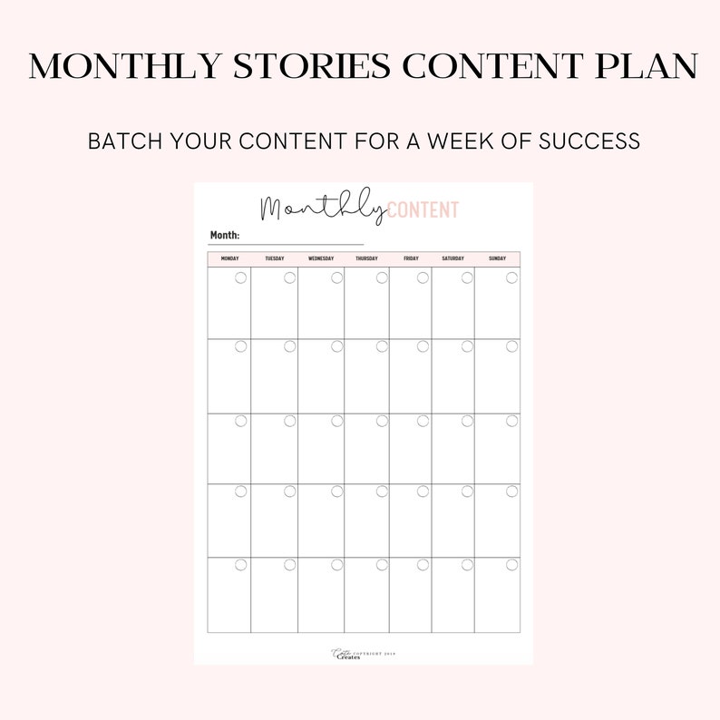 Puede incluir: Un planificador de contenido mensual imprimible en blanco y negro con el texto "Contenido mensual" y "Agrupa tu contenido para una semana de &eacute;xito". El planificador tiene una cuadr&iacute;cula con los d&iacute;as de la semana etiquetados en la parte superior y c&iacute;rculos en blanco para cada d&iacute;a.