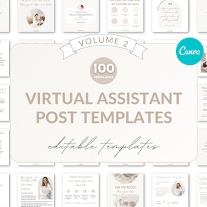 May include: A collage of 100 virtual assistant post templates for social media. The templates are editable and feature a beige and brown color scheme with a modern design. The text "VOLUME 2" and "100 TEMPLATES" are featured in a large font. The text "VIRTUAL ASSISTANT POST TEMPLATES" is featured in a large font with a beige background. The text "editable templates" is featured in a smaller font with a beige background.