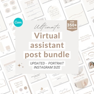 May include: A collection of digital templates for virtual assistants, featuring the text "Ultimate Virtual Assistant Post Bundle." The templates are designed for Instagram, with the text "Updated - Portrait Instagram Size." The design includes various layouts and graphics.