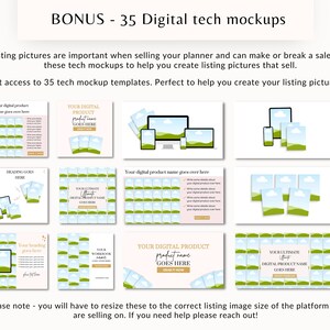 May include: A collection of 35 digital tech mockups for use in creating listing pictures for online sales. The mockups feature a variety of devices, including phones, tablets, and computers, with a green and blue background.