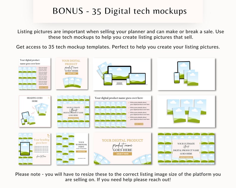 May include: A collection of 35 digital tech mockups for use in creating listing pictures for online sales. The mockups feature a variety of devices, including phones, tablets, and computers, with a green and blue background.