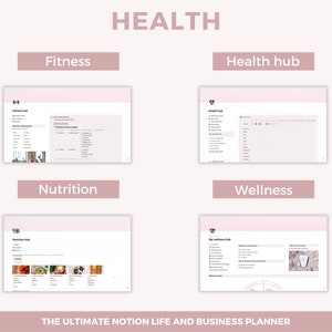 May include: A screenshot of a Notion workspace with four sections labeled "Fitness", "Health hub", "Nutrition", and "Wellness". Each section shows a different template for tracking health and wellness goals.