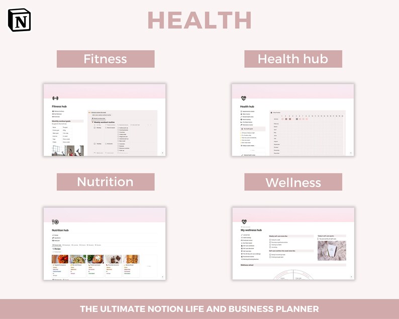 May include: A screenshot of a Notion workspace with four sections labeled "Fitness", "Health hub", "Nutrition", and "Wellness". Each section shows a different template for tracking health and wellness goals.