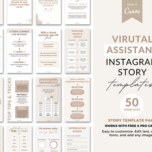 K&ouml;nnte beinhalten: Ein Satz von 50 Instagram-Story-Vorlagen f&uuml;r virtuelle Assistenten. Die Vorlagen sind in einem neutralen Beigetonschema mit einer modernen, minimalistischen &Auml;sthetik gestaltet. Der Text auf den Vorlagen enth&auml;lt S&auml;tze wie "Lernen Sie mich kennen", "Top-Tipps & Tricks" und "Wie ein virtueller Assistent Ihnen helfen kann".
