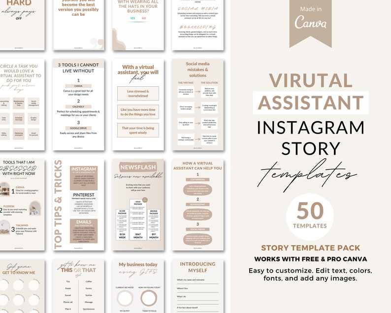 K&ouml;nnte beinhalten: Ein Satz von 50 Instagram-Story-Vorlagen f&uuml;r virtuelle Assistenten. Die Vorlagen sind in einem neutralen Beigetonschema mit einer modernen, minimalistischen &Auml;sthetik gestaltet. Der Text auf den Vorlagen enth&auml;lt S&auml;tze wie "Lernen Sie mich kennen", "Top-Tipps & Tricks" und "Wie ein virtueller Assistent Ihnen helfen kann".