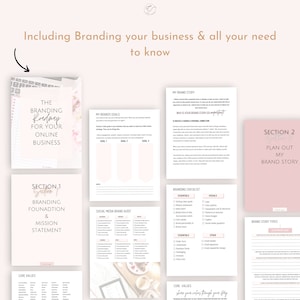 May include: A pink and white branding guide for online businesses. The guide includes sections on branding foundation, mission statement, brand goals, brand story, and planning out your brand story. The guide also includes a checklist for branding essentials and visuals.