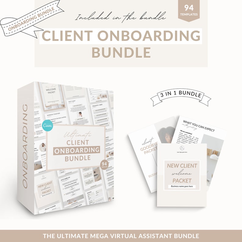 May include: A 3-in-1 client onboarding bundle with 94 templates. The bundle includes a welcome packet, a goodbye packet, and a new client welcome packet. The bundle is designed for virtual assistants and includes templates for Canva.