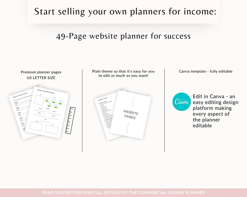 May include: A 49-page website planner for success, designed to be easily edited in Canva. The planner features a plain theme and is fully editable. The image shows a sample page with the text "Website Pages".