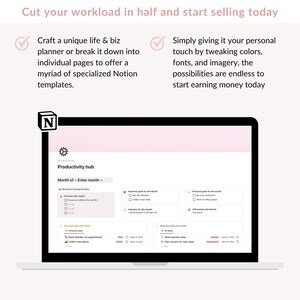 May include: A laptop screen displaying a Notion productivity hub template with a pink background. The template is titled "Productivity Hub" and includes sections for "Month of", "Personal Tasks", "Business Goals", and "Business Tasks".