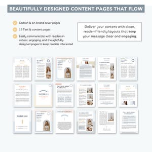 May include: A layout design showcasing content pages with the text "BEAUTIFULLY DESIGNED CONTENT PAGES THAT FLOW". The design includes cover pages, text pages, and the text "Deliver your content with clean, reader-friendly layouts that keep your message clear and engaging."