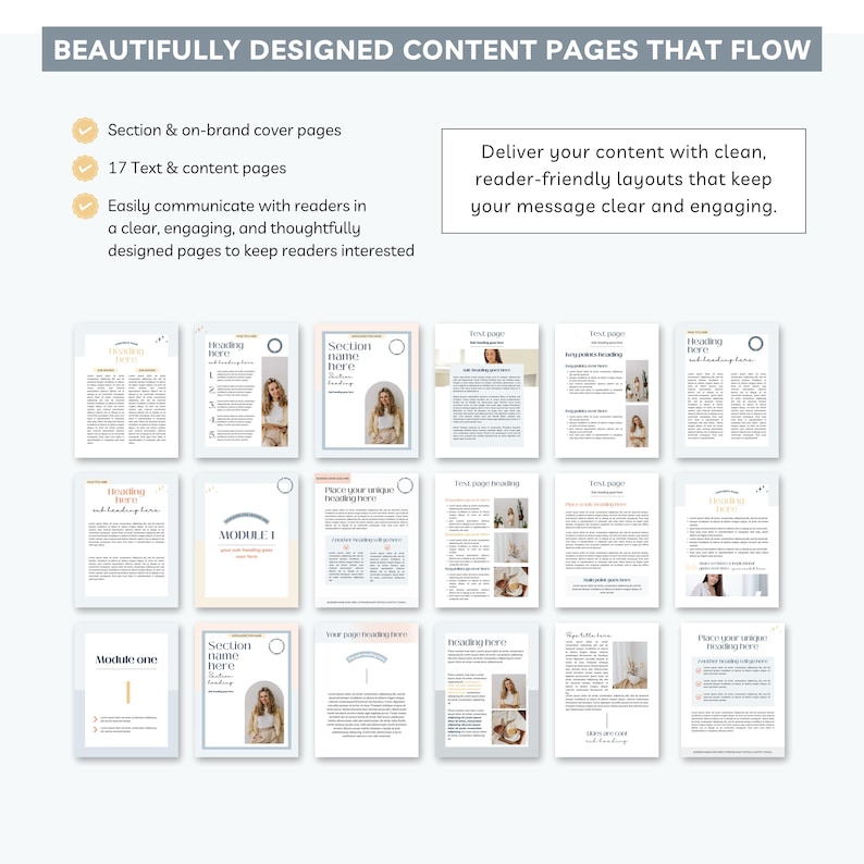 May include: A layout design showcasing content pages with the text "BEAUTIFULLY DESIGNED CONTENT PAGES THAT FLOW". The design includes cover pages, text pages, and the text "Deliver your content with clean, reader-friendly layouts that keep your message clear and engaging."
