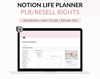 Notion-levensplanner, Notion PLR-levensplanner, alles-in-één Notion-planner, notionplanner voor dat meisje, Notion-wederverkoopplanner, PLR-concept