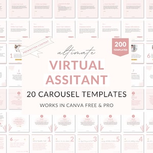 May include: A pink and white graphic with the text "ultimate virtual assistant" and "20 carousel templates" in a bold font. The graphic also includes the text "200 templates" and "works in Canva free & pro".