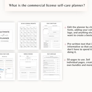May include: A printable self-care planner with 50 pages. The planner includes daily gratitude, daily self-care, weekly review, and self-care quiz sections. The planner is customisable and can be edited with different colours, fonts, and logos.